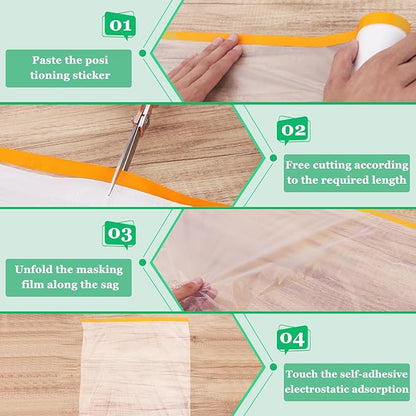 3 Pack Tape and Drape, 5x65.6 Ft Pre-Taped Masking Film for Auto Painting Covering, Plastic Pre-Adhesived Dust Paint Protective Drop Film for Furniture, Car, Floor