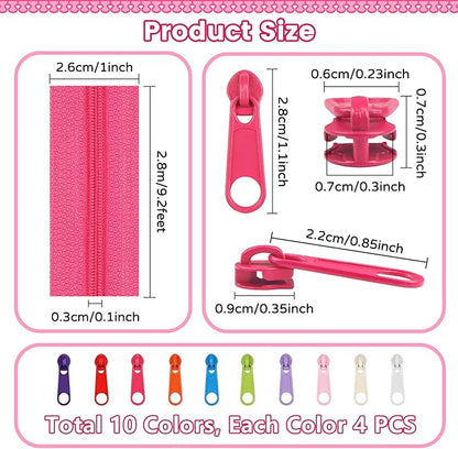DOITEM 31 Yards 10 Pieces Sewing Zippers #3 Nylon Coil Zippers 10 Colors Assorted Zipper for Sewing with 40 Zipper Sliders for DIY Tailor Sewing Crafts Supplies,