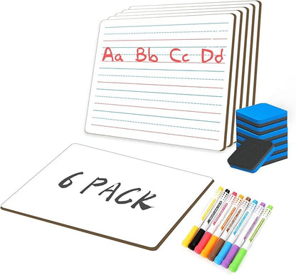 White Board Dry Erase Boards Classroom Pack Mini White Boards 9" x12” Double Sided Personal Whiteboards for Students Teachers School Supplies Lapboards (6Pack line whiteboard & Erasers & Pens)