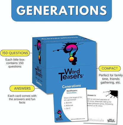 ? WORD TEASERS Generations - Trivia Game for Family Game Night - Fun & Funny Trivia Card Game for Millennials & Boomers - Family Party Game - 150 Trivia Cards for Adults & Kids