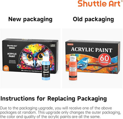 72 Pack Acrylic Paint Set, Shuttle Art 60 Colors Acrylic Paint Including Extra White Black & 12 Brushes, 2oz/60ml, Rich Pigmented, Water Proof, Ideal for Artists, Beginners on Canvas Rock Wood Ceramic