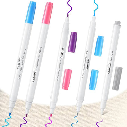 Fabric Markers for Sewing, 5 Count Pack, Includes 2 Water Soluble Fabric Marker 2 Air Erasable Pens 1 Eraser Marker, Disappearing Ink Pen, Sewing Quilting Embroidery Supplies