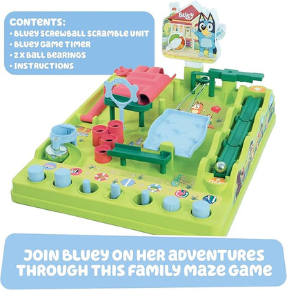 TOMY Bluey Screwball Scramble Marble Maze- Beat The Clock Marble Run - Fast Paced Kids Games and Bluey Toys for Birthday Parties - 1-4 Players - Ages 5 Years and Up