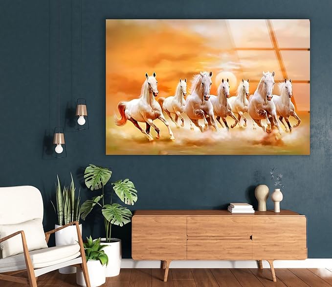 My Photostation.com 28Wx18H'' White Horses Running on Sunset Glass Wall ArtTempered Glass Printing Wall Decor Large Wall Art Wall Hangings