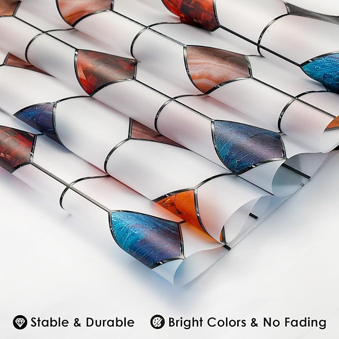 DKTIE Stained Glass Window Film Geometric Patterns, Fine Frosted Window Clings for Glass Windows, Waterproof for Bathroom Window Privacy Film Day and Night (S533, 17.7in X 78.7in)