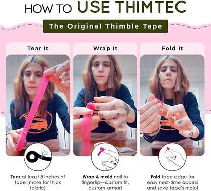 THIMTEC - The Original Thimble Tape for Hand Sewing - Fully Adjustable Nail & Finger Protector - A Smarter Alternative to Classic Knitting Thimbles - Neon Flamingo, 3-Pack