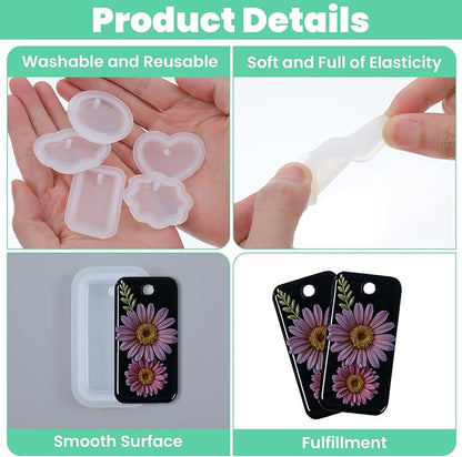 16Pcs Keychain Resin Molds Silicone with Hole, Jewelry UV Resin Keychain Molds, Epoxy Resins Mold for Keychains Pendant Jewelry Making