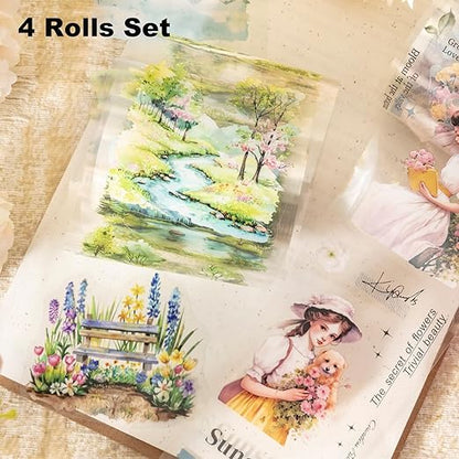 Girl and Scenic PET Tape Set, 4 Rolls Pre-Cut Adhesive Tapes for Scrapbooking, Junk Journaling, DIY Crafts, and Art Supplies