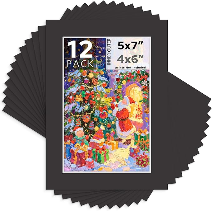 Mat Board Center, 5X7 Black Mats for 4X6 Pictures - Acid Free, 4-Ply Thickness, White Core, Bevel Cut - for Artworks, Photos, Framing - Pack of 12