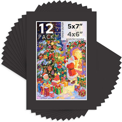 Mat Board Center, 5X7 Black Mats for 4X6 Pictures - Acid Free, 4-Ply Thickness, White Core, Bevel Cut - for Artworks, Photos, Framing - Pack of 12