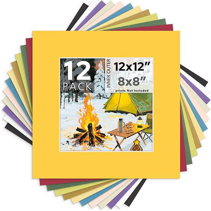 Mat Board Center, 12X12 Mix Color Mats for 8X8 Pictures - Acid Free, 4-Ply Thickness, White Core, Bevel Cut - for Artworks, Photos, Framing - Pack of 12