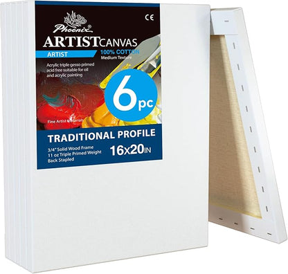 PHOENIX 16x20 Inch 6 Pack Artist Canvas - Large Stretched Canvases for Painting - 3/4 Inch Profile, 100% Cotton 11 Oz. Gesso Primed White Blank Professional Canvas Oil & Acrylic Paints