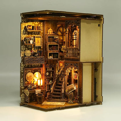 Book Nook Kit for Adult Miniature Model Build Dollhouse Kit 3D Wooden Puzzle with Sensor Led Light for Bookshelf Bookend Insert Decor Adults Teen Crafts(Classical Book Collection Room)