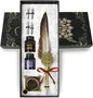 Feather Pen and Ink Set,quill pen ink set,Antique Calligraphy Pen with 4 Replaceable Nibs,2 Bottle of ink,Pen Holder Christmas Gift for Men&Women.(Gray)