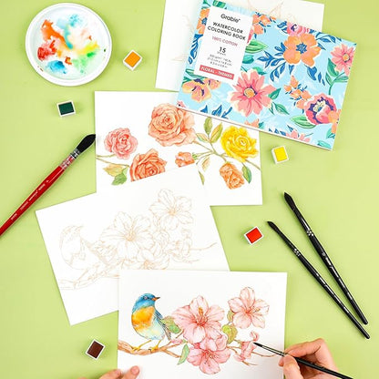 Grabie Watercolor Coloring Book, 15 Sheets Art Pad A5 (8.3 x 5.8), Cotton Watercolor Book for Adults(Floral)
