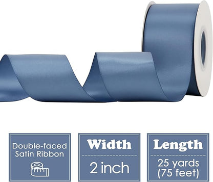 HUIHUANG Smoke Blue Ribbon 2 inch Wide Double-Faced Blue Satin Ribbon for Crafts, Bows Making, Flower Bouquet Wrap, Gift Wrapping, Wedding Bridal Shower Decor, Home Decor -25 Yards/Roll