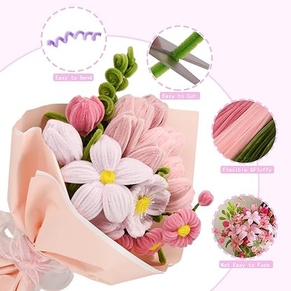 Pipe Cleaners Craft, 400pcs Pipe Cleaners with Flower Stems, Floral Tape, Ribbon, for Flower Bouquet DIY-Pink