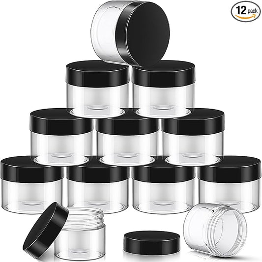 SATINIOR 12 Pack Plastic Container Jars with Lids Round Clear Travel Cosmetic Container Slime Jar for Toiletries, Lotion, Cream, Ointment, Makeup, Rhinestone, Sample, Kitchen Storage(8 oz,Black)