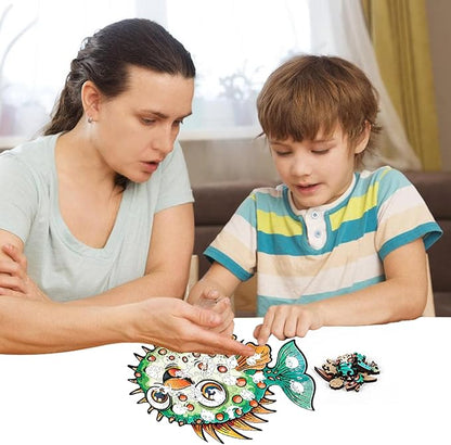Wooden Puzzles for Kids, 100 Pieces Ocean Puzzle, Unique Fish Shaped Wooden Puzzle, Preschool Puzzle Toys, Give Your Kids/Grandchildren, Suitable for Family Games