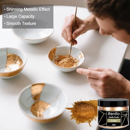 Renfio Metallic Pigment Powder,Gold Mica Powder for Resin,50ml Golden Resin Color Pigment for Kintsugi,Polymer Clay,Crafts,Slime,Candle,Nail,Paint,Fabric,Festival,Decoration