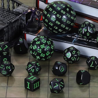 CiaraQ DND Polyhedral Dice Set (15pcs) D4-D100 Game Dice with Dice Bag for Dungeons and Dragons Role Playing Table Games (Black & Green)