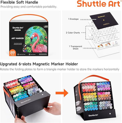 Shuttle Art 89 Colors Alcohol Markers, 88 Colors Dual Tip Art Marker Set Plus 1 Colorless Blender with Marker Case Perfect for Illustration Students Adult Coloring Sketching