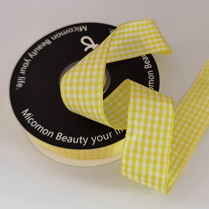 Yellow and White Gingham Ribbon Christmas Ribbon 25 Yards Each Roll 100% Polyester (1", Yellow)
