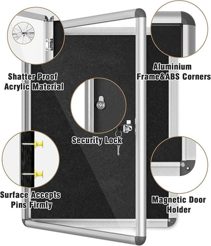 26"x20" Enclosed Bulletin Board, Lockable Weather-Resistant Aluminum Cork Noticeboard for School & Office, Silver Frame w/Black Flet