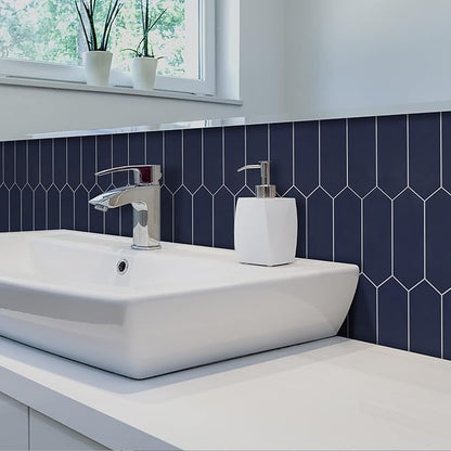 SUNWINGS Backsplash Tile for Kitchen Peel and Stick, Stone Composite Self Adhesive Tiles Long Hexagon Mosaic Wall Tile for Kitchen, 12 Inch x 11.22 Inch 10 Sheets Navy Blue
