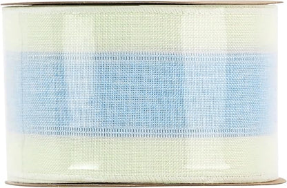 MEEDEE Blue and White Stripe Ribbon Wired Ribbon 2.5 Inch Light Blue Burlap Ribbon with Ivory Stripe Edge Wreath Supplies, Baby Shower Decorations, Crafts Bow Making (10 Yards)