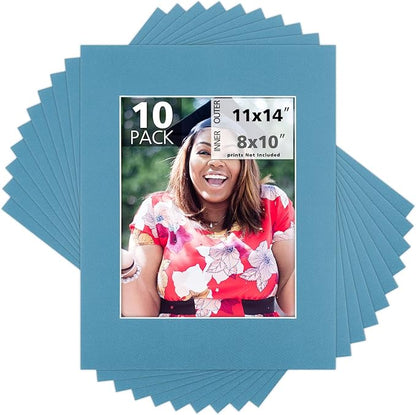 Mat Board Center, Pack of 10, 11x14 for 8x10 Dynamic Blue Color Mats - Acid Free, 4-ply Thickness, White Core - for Pictures, Photos, Framing