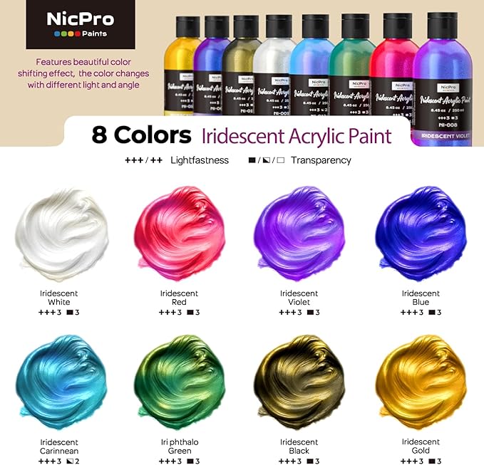 Nicpro 8 Colors Iridescent Acrylic Paint, 8.45oz / 250ml Large Bulk Metallic Acrylic Paint,Color Shifting & Non-Toxic Art Painting Supplies For Canvas Fabric Rock Wood with Color Wheel