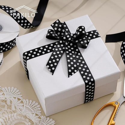 Polka Dot Grosgrain Ribbon 5/8 Inch, 25 Yards Spool Black and White Dot Craft Ribbon for Christmas Gift Wrapping DIY Crafts Hair Bows Wedding Party Decor Sewing and Home Decoration