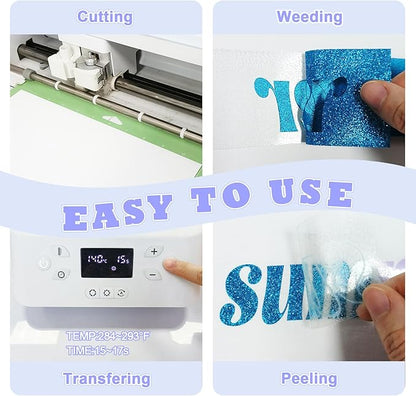 White Glitter HTV Sparkly Heat Transfer Vinyl – 12 Pcs 12x10Inch Iron-On Vinyl Sheets for T‑Shirts & DIY Craft Gifts, Easy to Cut & Weed, No‑Flake & Washable, Work with All Cutter Machines