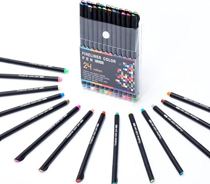 24 Colors Fineliner Color Pens - 0.4mm Fine Point Colored Pens for Journaling, Doodling, Drawing, Note Taking, Adult Coloring, Planner Supplies – Black Barrel