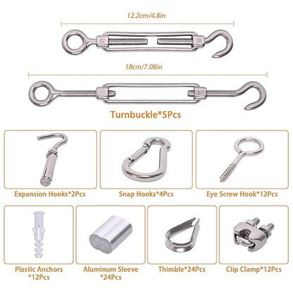 300FT 1/8" Wire Rope Kit, Vinyl Coated 304 Stainless Steel Wire Cable, 7x7 Strands 920LBS Breaking Strength, M5 Turnbuckle, String Light Hanging Kit for Outdoor, Garden, Clothesline