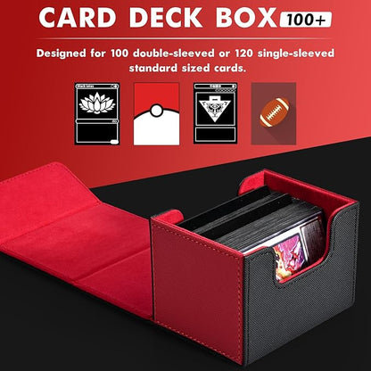 ZLCA Card Deck Box for Trading Cards, MTG Commander Deck Box Holds 120+ Single Sleeved, Leather Magnetic Card Storage Case Fits for TCG CCG Magic (Red& Black)