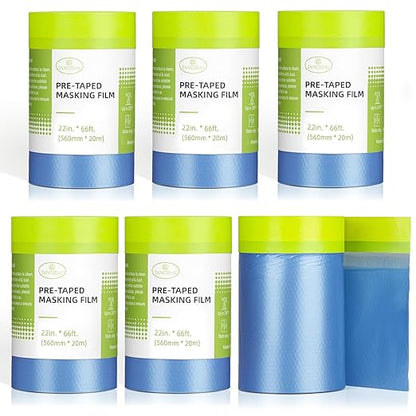 Pre-Taped Masking Film for Painting - 22" x 66' Painters Plastic Sheeting with Automotive Paint Tape and Drape for Covering Cars, Walls, Windows and Furniture Protection (6 Rolls)