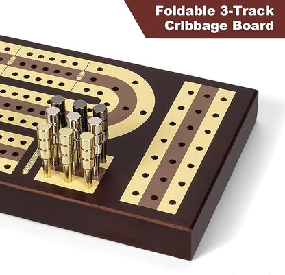 Foldable Wooden Cribbage Board Set - Elegant 3-Track Design with Magnetic Closure, 9 Metal Pegs, Full Deck of Cards, Perfect for Family Game Nights and Travel