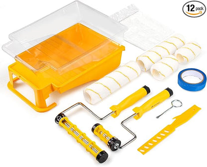 VOOMEY 12 PCS Paint Roller Kit, Deep Grooved Foot Paint Tray, Paint Tray Liner, Wall Paint Roller with Frame, Professional Paint Kit for House Painting