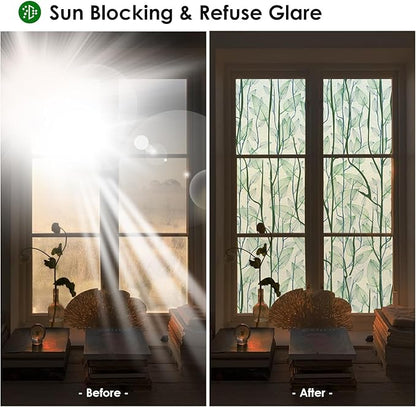 DKTIE Window Film Privacy with Installation Tools, Decorative Stained Glass Window Clings for Home, Static Cling Window Sticker for Front Door, Bathroom (Green, 17.7'' x 78.7'')
