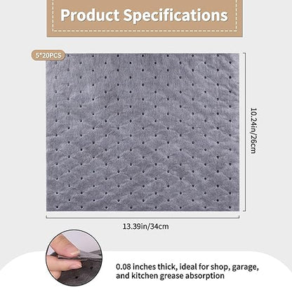E-SDS Oil Absorbent Pads with Wall Hooks - 100-Pack (5x20) 13"x10" Reusable Liquid Spill Mats for Garage & Workshop - Super Absorbent Leak Control Pads (Grey, Boxed)