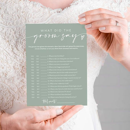 Bridal Shower Games Cards & What Did the Groom Say - 25 Guest Engagement Party Wedding Games - Minimalist Green Wedding Party Supplies - C12