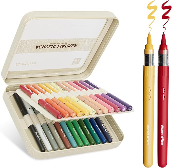 MemOffice Direct Liquid Acrylic Paint Markers, 24 Colors Brush Tip Pens with Carrying Case, No Bleed, Waterproof, for Rock, Wood, Canvas, Glass, Fabric, DIY Crafts for Adults & Kids