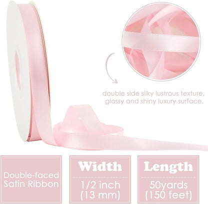 HUIHUANG Pink Satin Ribbon 1/2 inch X 50 Yards Continuous, Baby Pink Double-Faced Satin Ribbon for Gift Wrapping, Bows, DIY Crafts, Flower Bouquet, Bridal Shower Wedding Decor