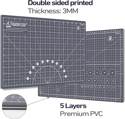 Headley Tools 18"x12" Thickened Self Healing Cutting Mat, A3 Rotary Cutting Sewing Mat for Crafts, Double Sided 5-Ply Table Cutting Board for Fabric Quilting Leather Arts Hobby Project, Grey