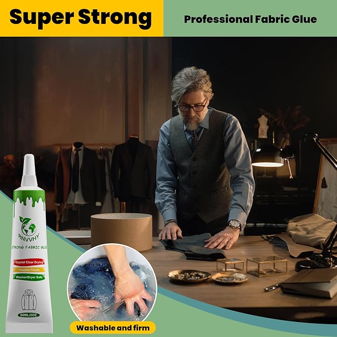 Fabric Glue Permanent, 60ml Super-Strong Clear Washable Fabric Adhesive for Clothing, Patches, Leather, Cotton, Denim, Polyester, Doll Repair (Fabric Glue Kits B)