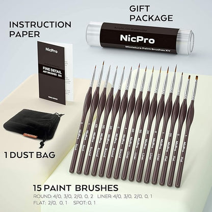 Nicpro 15 PCS Micro Fine Detail Paint Brush Set, Small Miniature Fine Tip Detail Brushes Kit for Acrylic Oil Watercolor, Models, Paint by Numbers, Miniature Painting, Craft, Rock Painting (Brown)