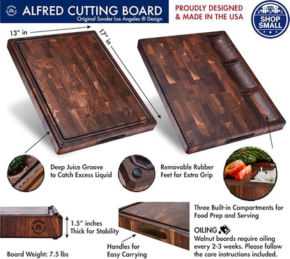 Sonder Los Angeles Alfred Cutting Board Made in USA | Black Walnut End Grain Cutting Board with Non-Slip Feet, Juice Groove, Sorting Compartments | Gift Box Included | 17x13x1.5 in