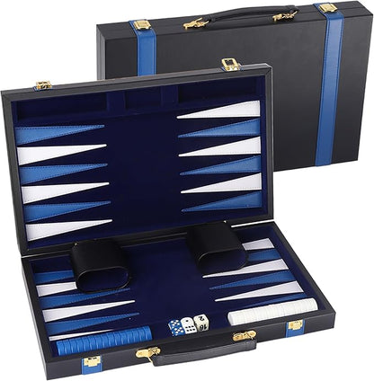 GSE Games & Sports Expert Premium Leather Backgammon Board Game Set, Classic Backgammon Game Set with Leather Case, Travel Folding Board Game (Black&Blue, Large)